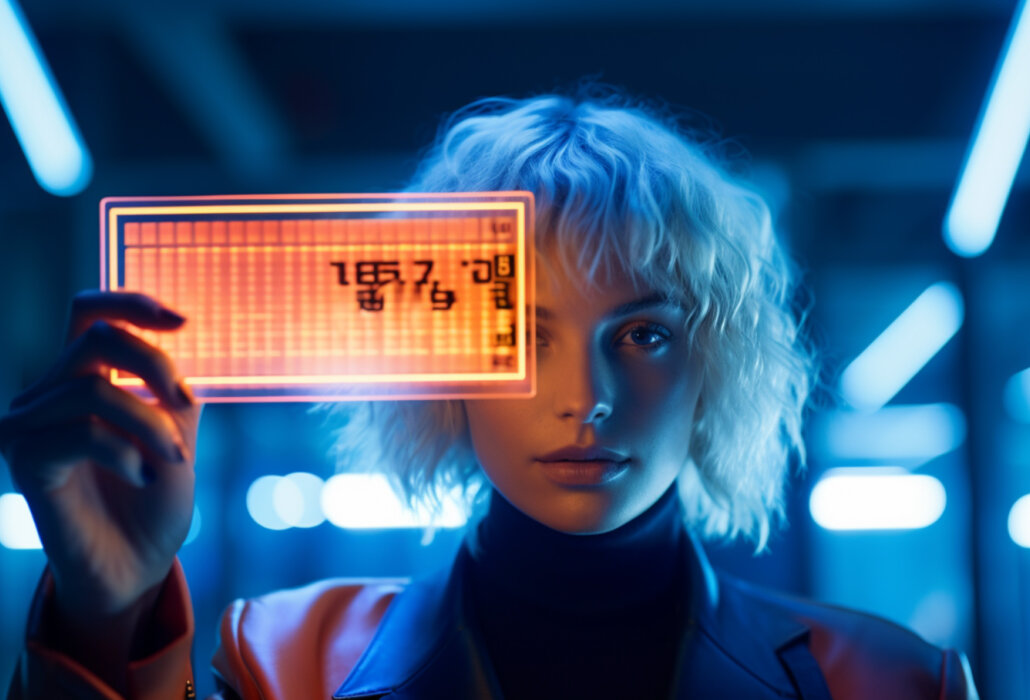 Das Bild zeigt eine Person mit blonden Haaren in einem futuristischen Umfeld. Die Person hält eine leuchtende, orangefarbene, rechteckige Anzeige vor ihr Gesicht. Die Umgebung ist in blauen Farbtönen gehalten.